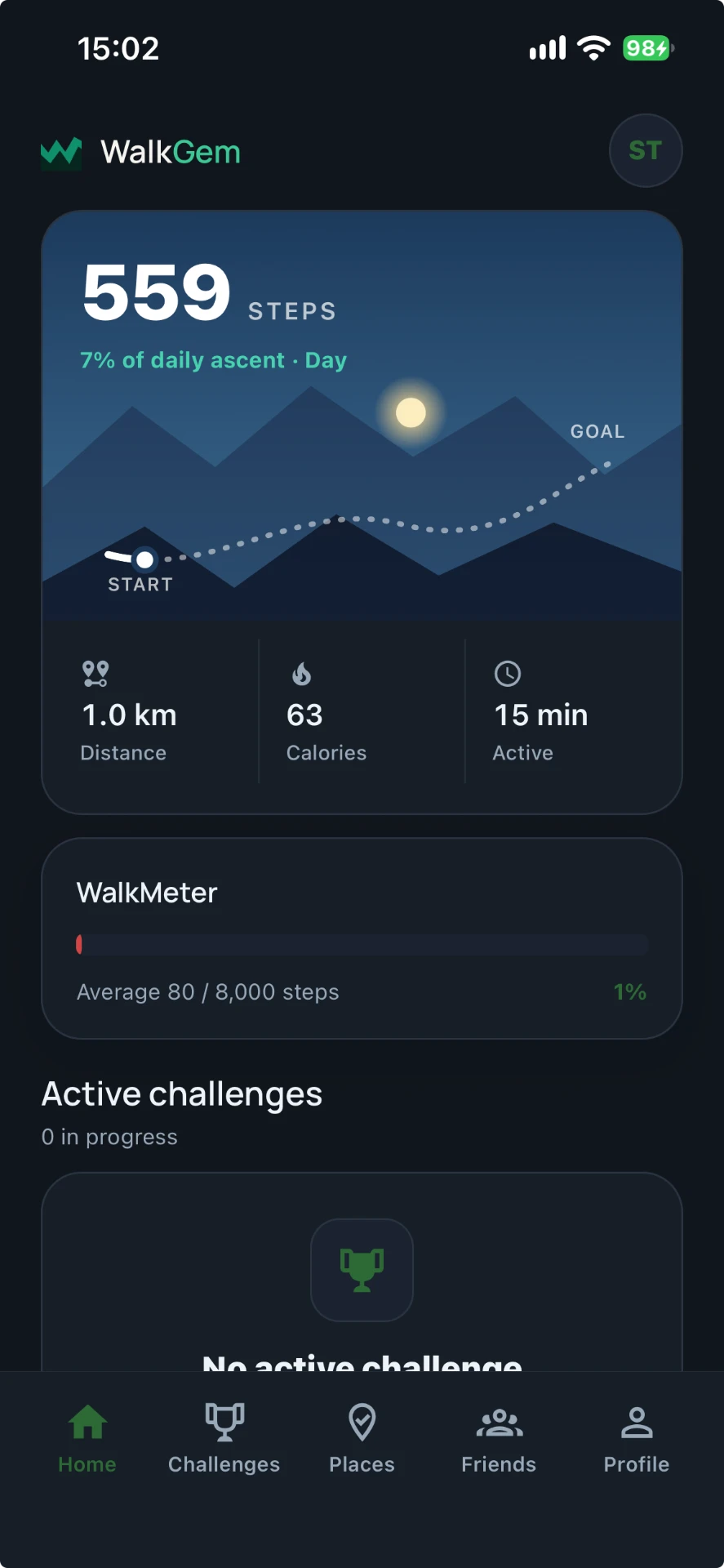 WalkGem app showing step progress, distance, active minutes and walking challenges